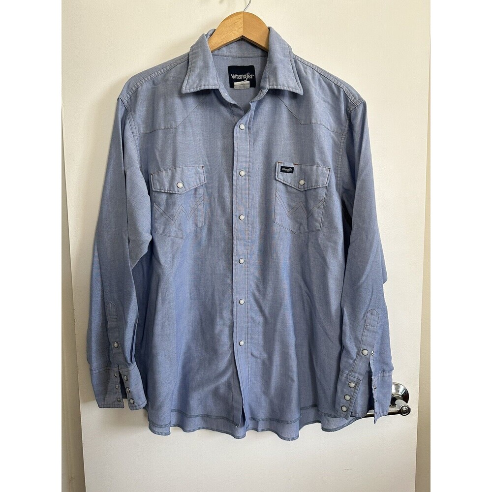 Wrangler Shirt Mens Extra Large Blue Chambray Pearl Snap Button Western Cowboy